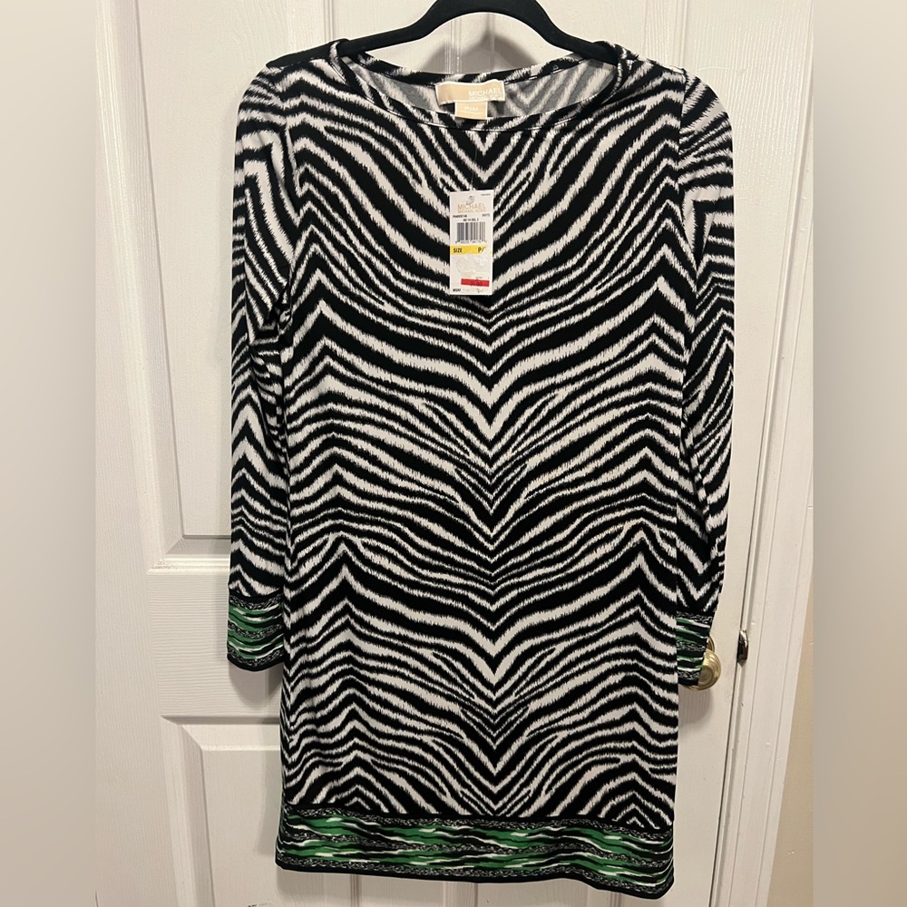 Michael Michael Kors Long-Sleeve Zebra-Print Shift Dress NWT size medium petite - Picture 2 of 3